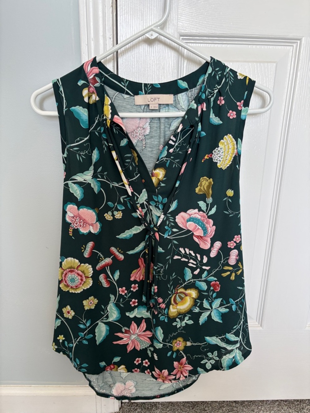 LOFT Floral Tie-Front Sleeveless Top - Dark Green with Pink & Yellow